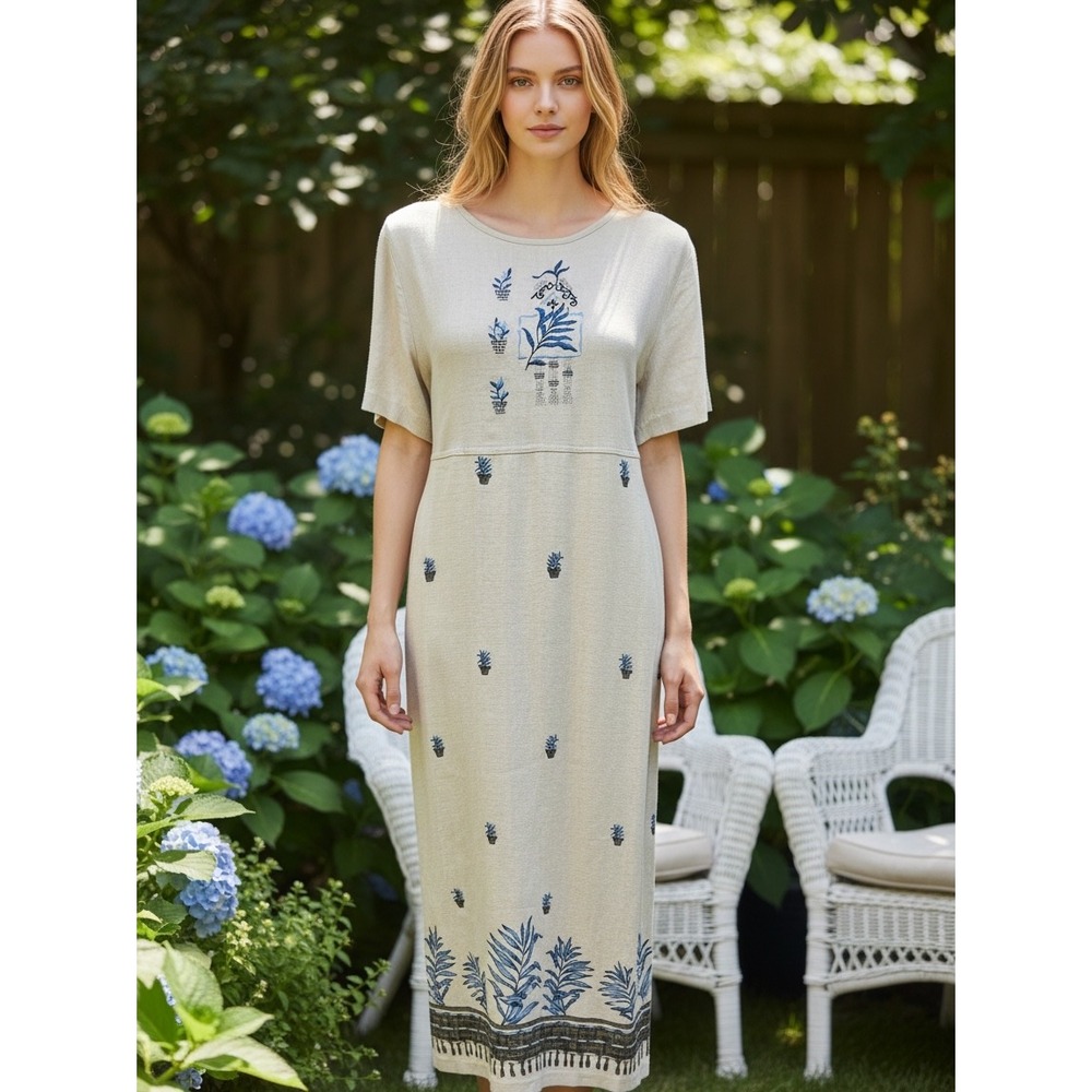 Vintage 90s TEDDI Garden Floral Maxi Dress M Botanical  Coastal Grandma Cottage